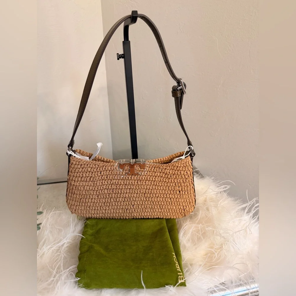 Tory Burch Tan Raffia Shoulder Bag with Dark Brown Strap and Silver Logo - Picture 3 of 6